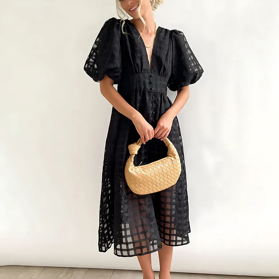 Cindy Classic Patterned Puff Sleeve Midi Dress