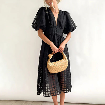 Cindy Classic Patterned Puff Sleeve Midi Dress