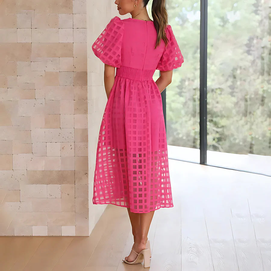 Cindy Classic Patterned Puff Sleeve Midi Dress