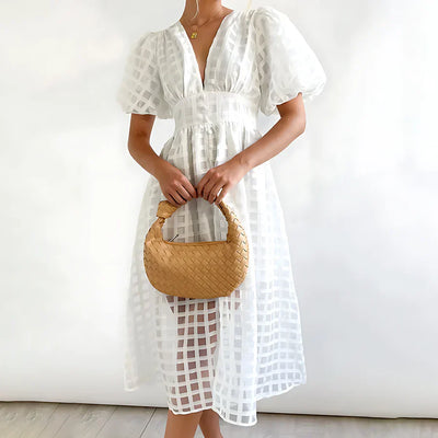 Cindy Classic Patterned Puff Sleeve Midi Dress