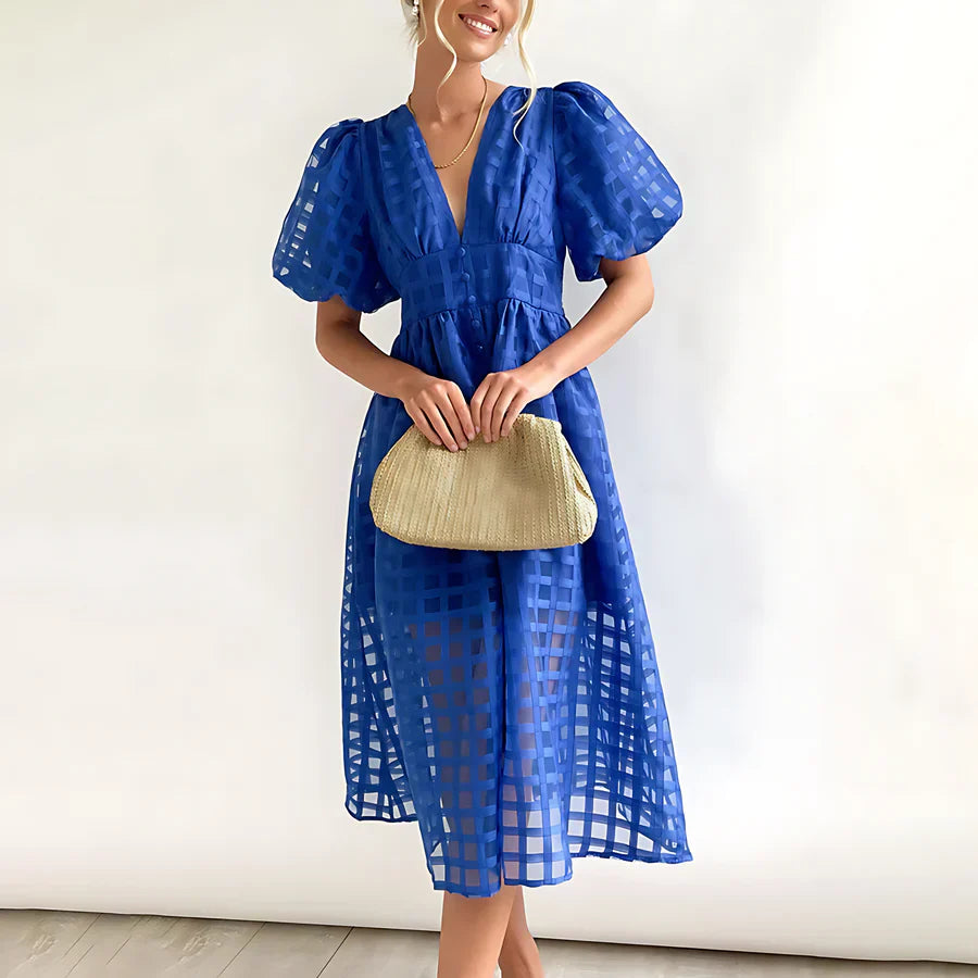 Cindy Classic Patterned Puff Sleeve Midi Dress