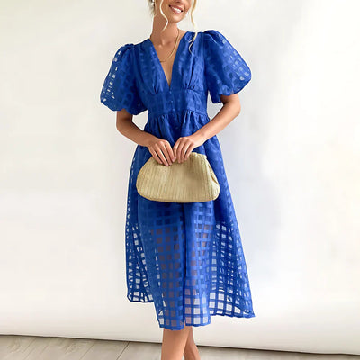 Cindy Classic Patterned Puff Sleeve Midi Dress