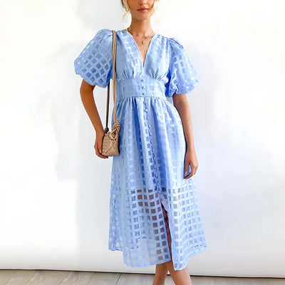 Cindy Classic Patterned Puff Sleeve Midi Dress
