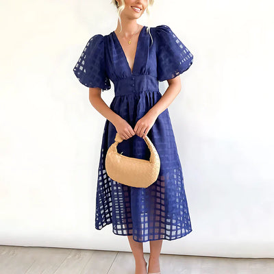Cindy Classic Patterned Puff Sleeve Midi Dress