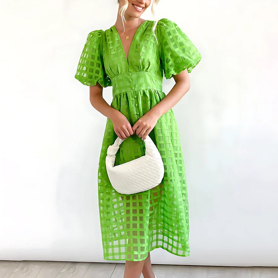 Cindy Classic Patterned Puff Sleeve Midi Dress