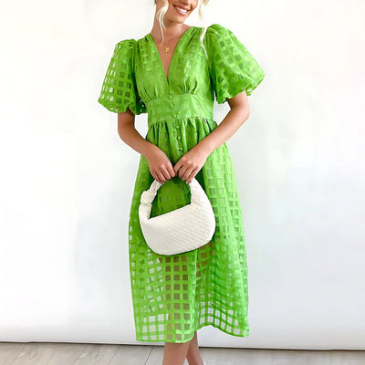 Cindy Classic Patterned Puff Sleeve Midi Dress